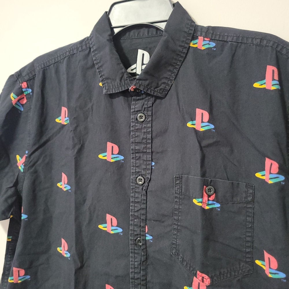 Sony Playstation Logo All Over Print Button Up Shirt Men XL Black Short Sleeve